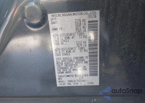 2016 Nissan Rogue Sv z USA, uszkodzony, nr VIN 5N1AT2MM7GC826286